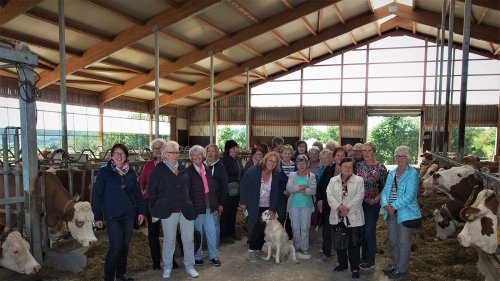 Betriebsleiterin Petra Mayer (mit Hofhund) führte die Eschacher LandFrauen durch die Stallanlagen, die allesamt dem Tierwohl dienen.